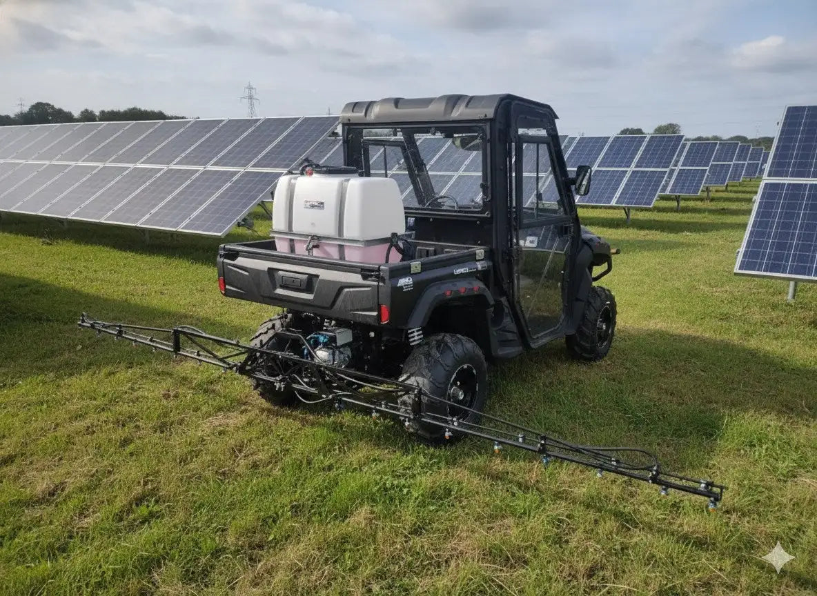 Black utility vehicle with a white tank and long spray boom, equipped for agricultural or maintenance use in an open field.