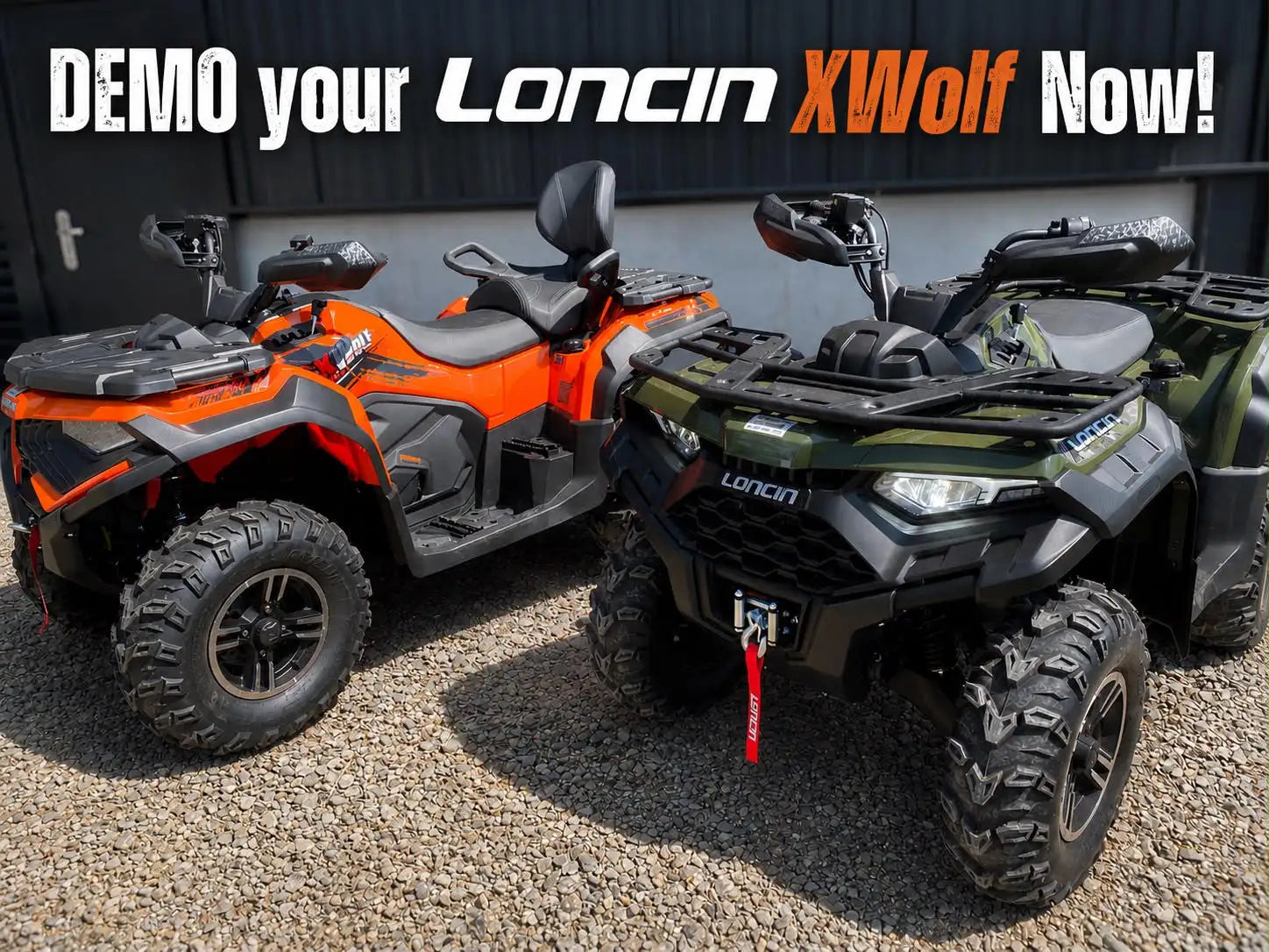 Orange and black loncin xwolf all-terrain vehicle with rugged tires and a protective front bumper.